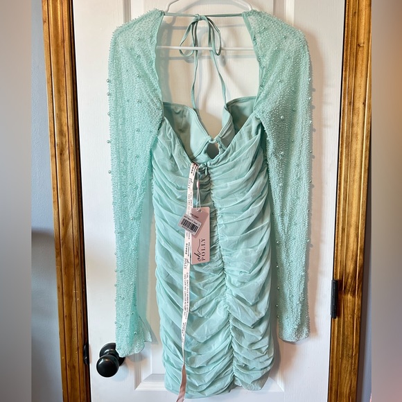 Oh Polly aqua beaded, ruched mini dress NWT - Picture 2 of 5
